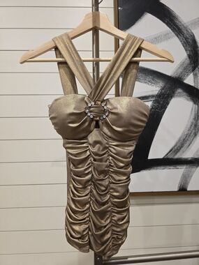 XOXO Gold Metallic Ruched Tank Top with Jewel Ring